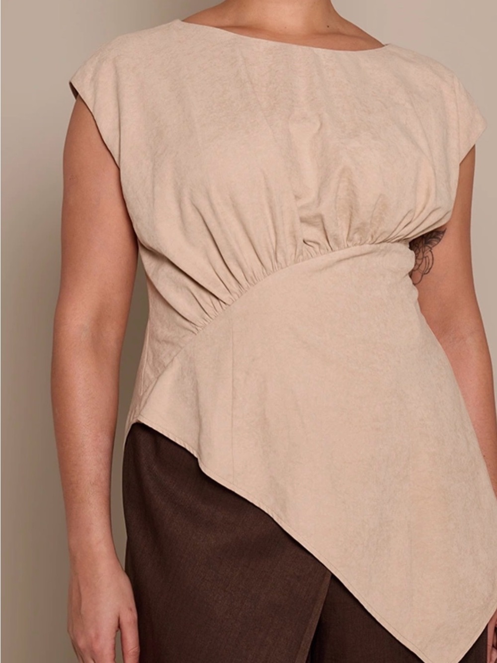 PrettyLittleThing Sand Ruched Asymmetric Top